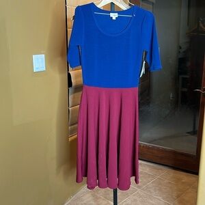 LuLaRoe Nicole Fit Flare Navy Maroon Dress Size Small NWT
